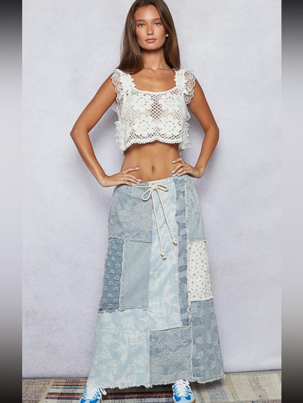POL “Indigo Patches Maxi” Long Maxi Denim Light Blue Patchwork Skirt - Women S
